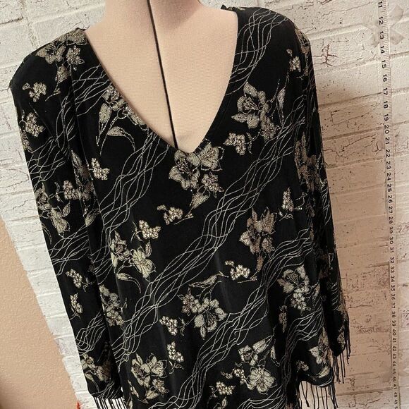 R&M Richards NWT Black Gold Fringe Formal Cocktail Long Sleeve Top 16 - Picture 1 of 12